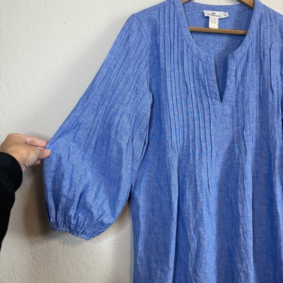 Vineyard Vines Blue Chambray Linen Blend Pintuck 3/4 Split Neck Cover Up Dress - Picture 4 of 12